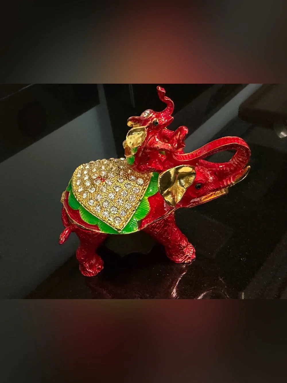 Jeweled Red Elephant Trinket Box Rhinestone Enamel Magnetic Jewelry Keepsake Box